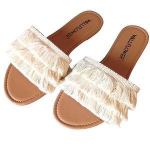 Wallflower Fringe Slip-on/Slide Sandals (Peep toe)
